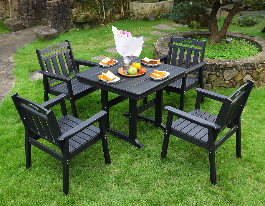 Silla de comedor de exterior HDPE 4 sillas + juego de mesa cuadrada respaldo vertical negro