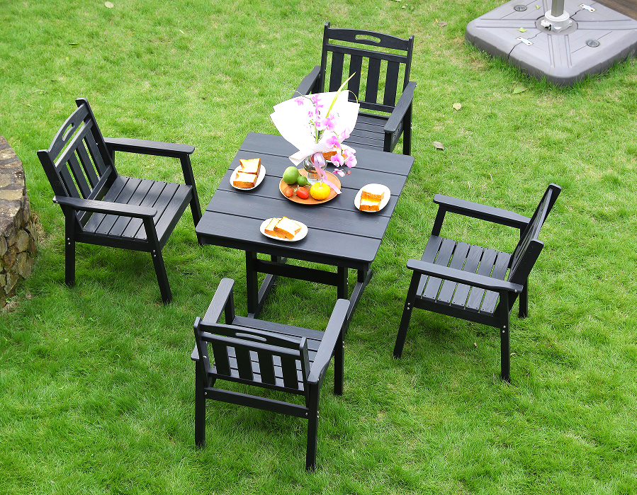 Silla de comedor de exterior HDPE 4 sillas + juego de mesa cuadrada respaldo vertical negro