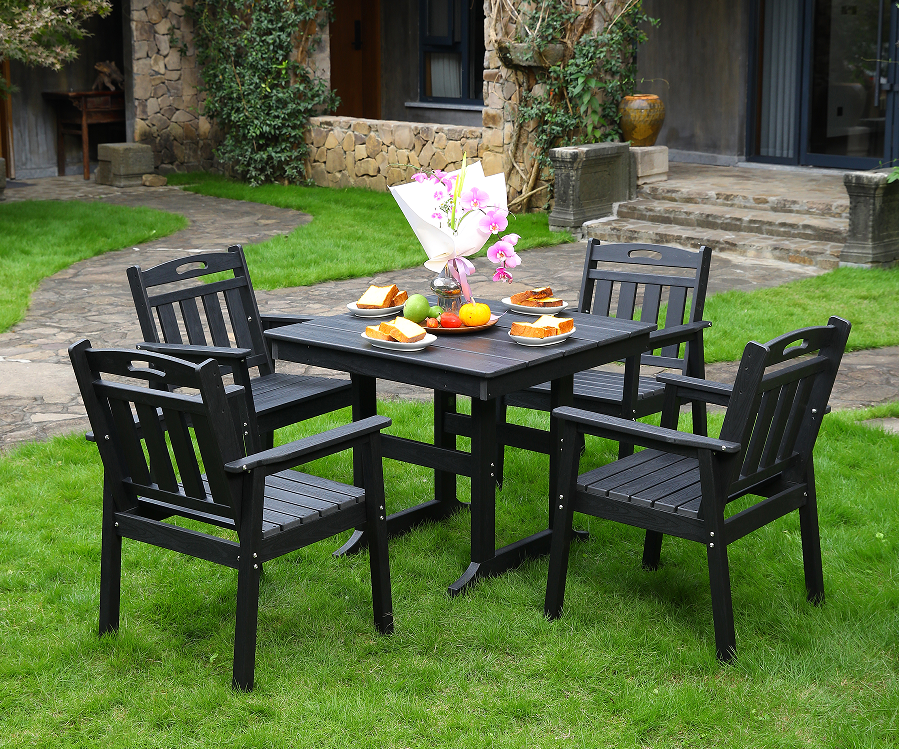 Silla de comedor de exterior HDPE 4 sillas + juego de mesa cuadrada respaldo vertical negro