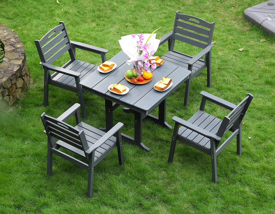 Silla de comedor exterior HDPE 4 sillas + juego de mesa cuadrada respaldo horizontal gris