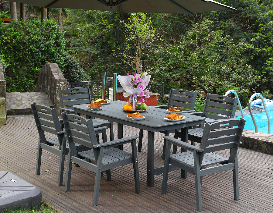 Silla de comedor exterior HDPE conjunto de 6 sillas + mesa rectangular respaldo horizontal gris