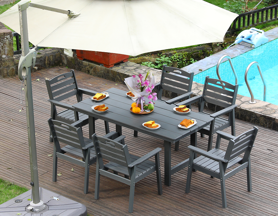 Silla de comedor exterior HDPE conjunto de 6 sillas + mesa rectangular respaldo horizontal gris