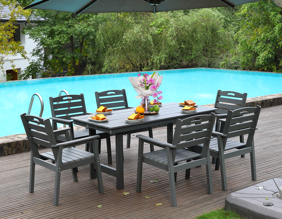 Silla de comedor exterior HDPE conjunto de 6 sillas + mesa rectangular respaldo horizontal gris