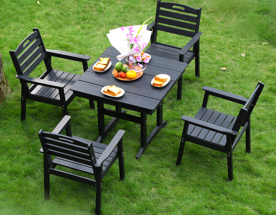 Silla de comedor exterior HDPE 4 sillas + juego de mesa cuadrada respaldo horizontal negro