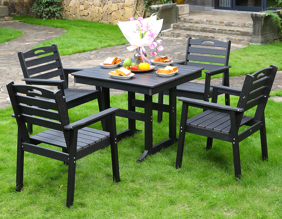 Silla de comedor exterior HDPE 4 sillas + juego de mesa cuadrada respaldo horizontal negro