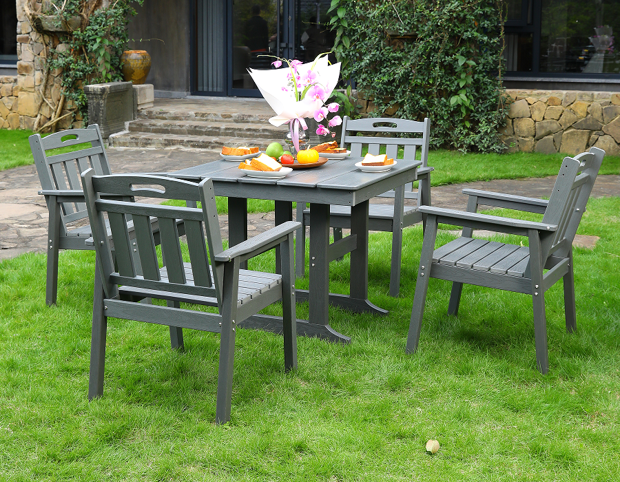Silla de comedor exterior HDPE 4 sillas + juego de mesa cuadrada respaldo vertical gris