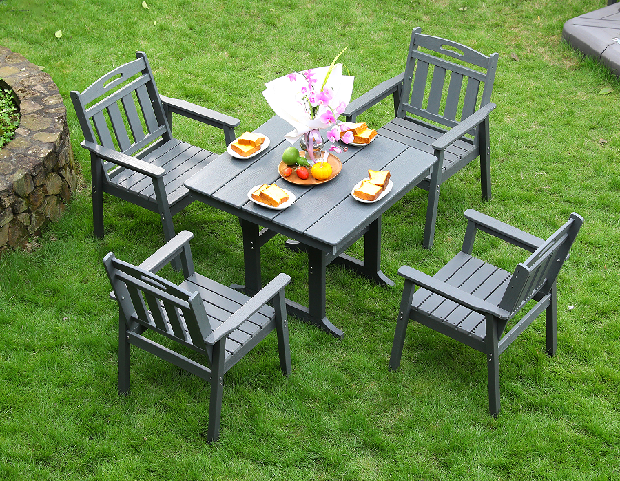 Silla de comedor exterior HDPE 4 sillas + juego de mesa cuadrada respaldo vertical gris