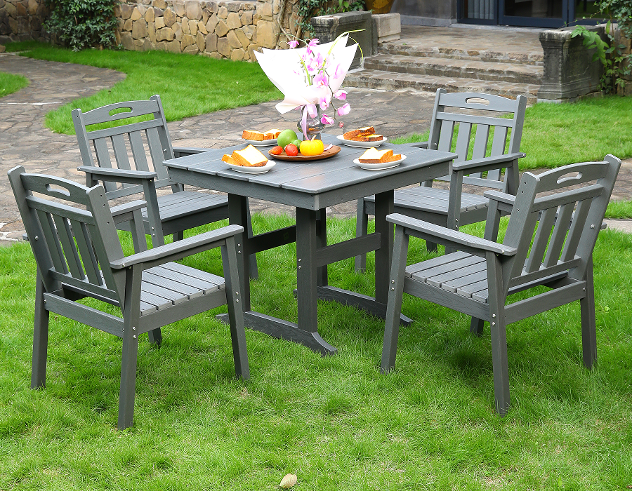 Silla de comedor exterior HDPE 4 sillas + juego de mesa cuadrada respaldo vertical gris