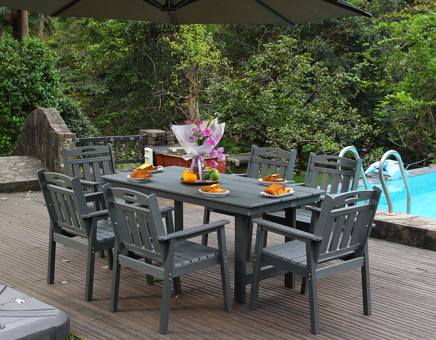 Silla de comedor exterior HDPE conjunto de 6 sillas + mesa rectangular respaldo vertical gris