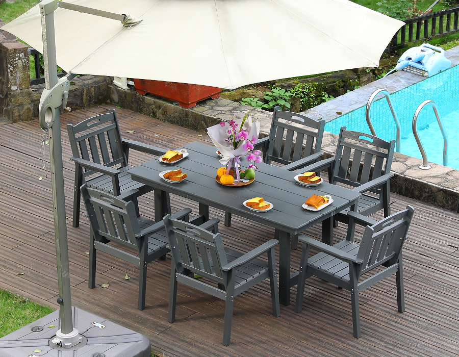 Silla de comedor exterior HDPE conjunto de 6 sillas + mesa rectangular respaldo vertical gris