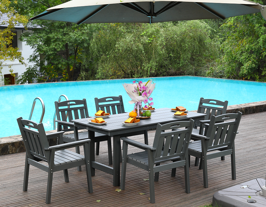 Silla de comedor exterior HDPE conjunto de 6 sillas + mesa rectangular respaldo vertical gris