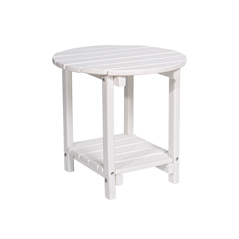 Mesa redonda multifuncional con efecto de grano de madera blanca, material de HDPE con estante de almacenamiento cuadrado
