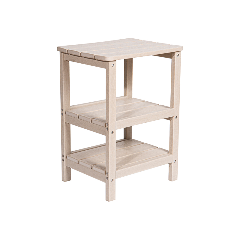 Mesa cuadrada de tres niveles color madera, material HDPE, mesa de almacenamiento multifuncional con 304 tornillos de acero inoxidable